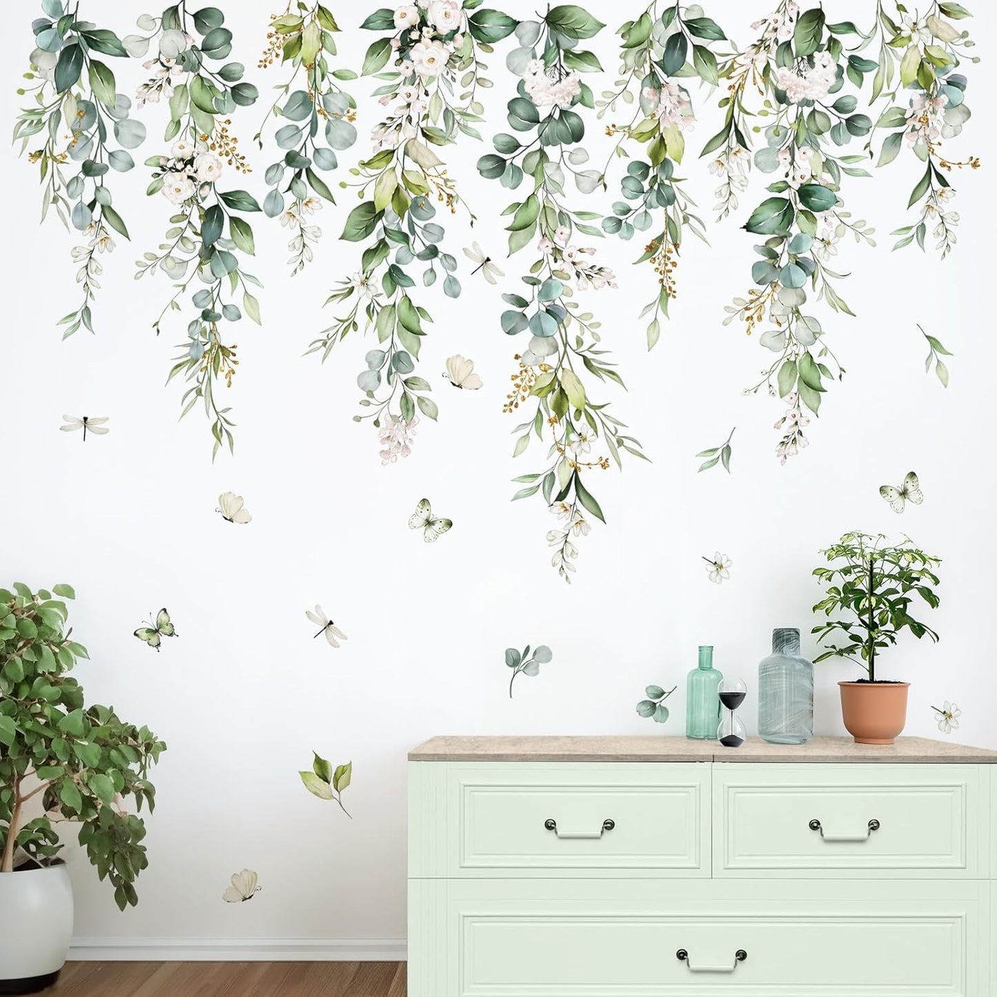 wondever Hanging Green Leaves Wall Decals Hanging Vines Plants Leaves Peel and Stick Wall Art Stickers for Bedroom Living Room TV Wall