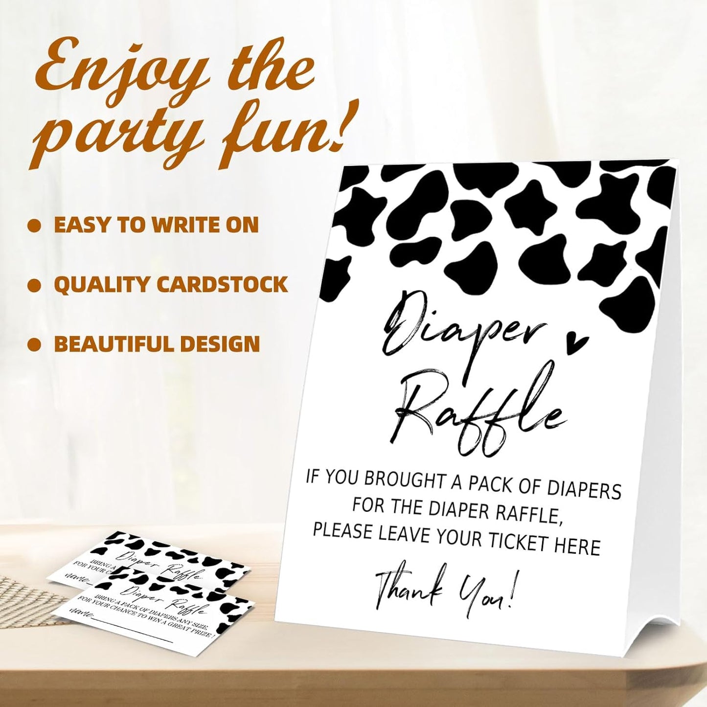Diaper Raffle Tickets for Baby Shower Game, 1 Standing Sign & 50 Guessing Cards for Baby Shower Party Decoration, Dairy cow