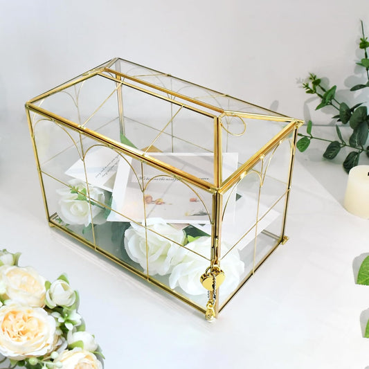 Glass Wedding Card Box with Slot, 10.2 x 5.9 x 7.9 Inches Handmade Vintage Gold Wedding Card Boxes for Reception, Keepsake, Baby Shower, Graduation, Party Decorative Box