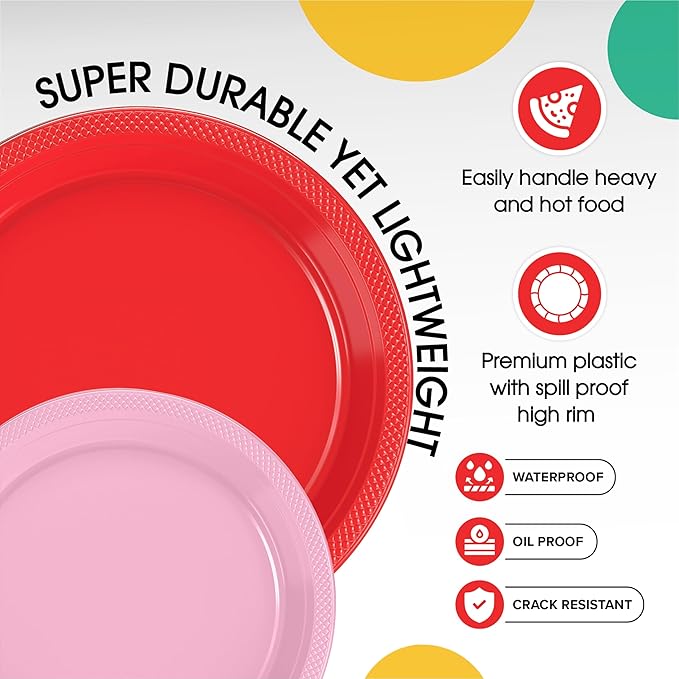 Party Solids Red & Pink Plastic Plates For Party Supplies, Red & Pink Disposable Plates 100 Pieces - 50-7" & 50-9" Heavy Duty 350 GSM Disposable Dinnerware Sets, Plastic Dinnerware Sets
