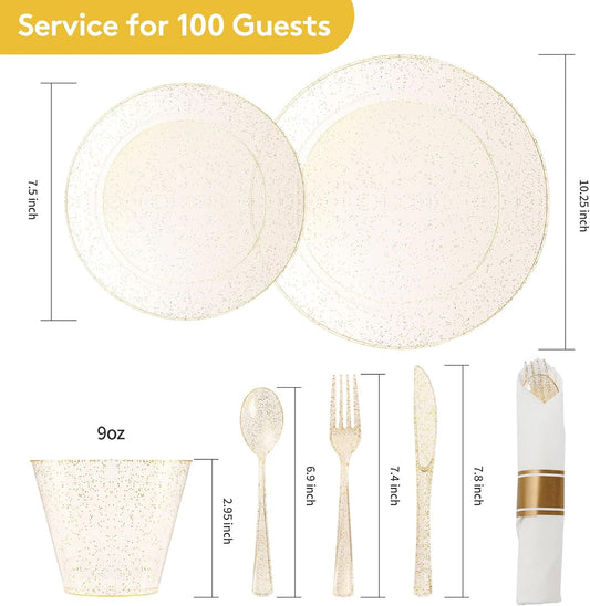Goodluck 700 Piece Gold Glitter Plastic Dinnerware Set for 100 Guests, Disposable Plates for Party, Include: 100 Dinner Plates, 100 Dessert Plates, 100 Pre Rolled Napkins with Silverware, 100 Cups