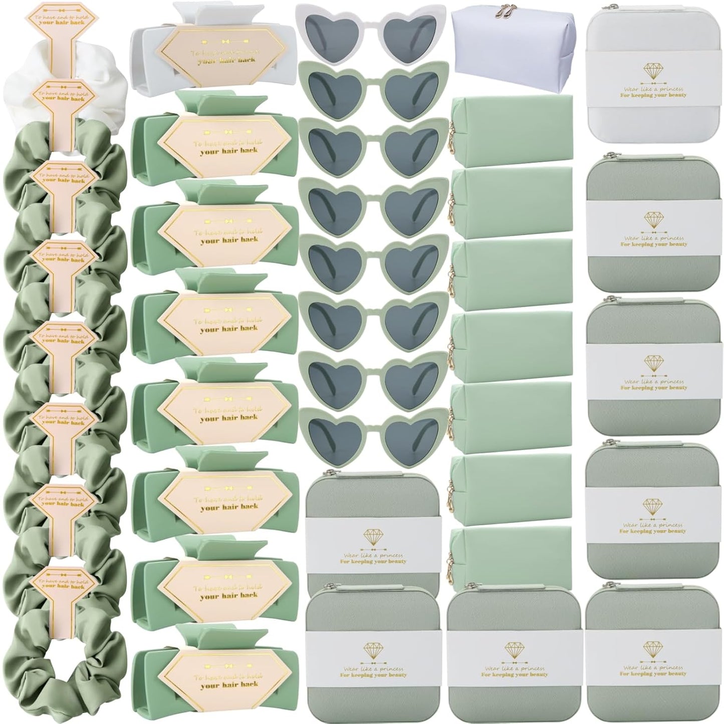 Bridesmaid Scrunchies Proposal Gifts Bachelorette Hair Claws Clips Girls heart sunglasses for Wedding Party Favors (40, White&Sage Green box)
