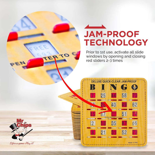 MR CHIPS Jam-Proof Bingo Cards with Sliding Windows, 25 Reusable Shutter Cards, 75 Calling Cards 1 Master Board in Woodgrain Style