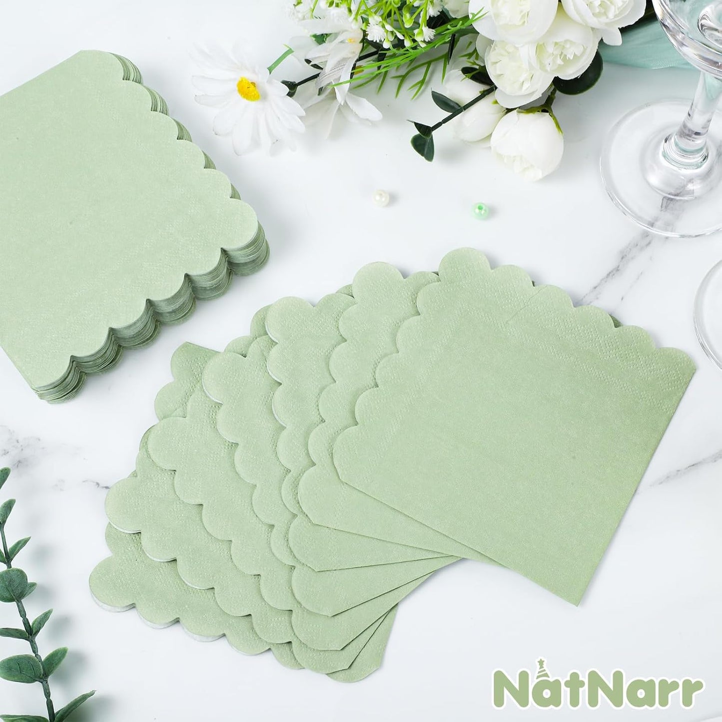 120 Pcs Cocktail Napkins Sage Green Wedding Napkins Disposable Baby Shower Scalloped Napkins for Bridal Shower, Birthday, 5 x 5 Inch