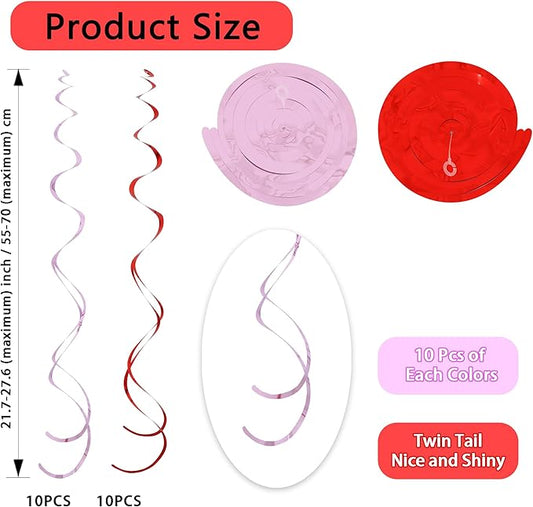 BEISHIDA Red Pink Hanging Swirls Party Decorations Plastic Streamer for Bachelorette Hanging Ornament Decorations, Valentine Wedding Girl Birthday Mother‘s Day Party Supplies, Pack of 20