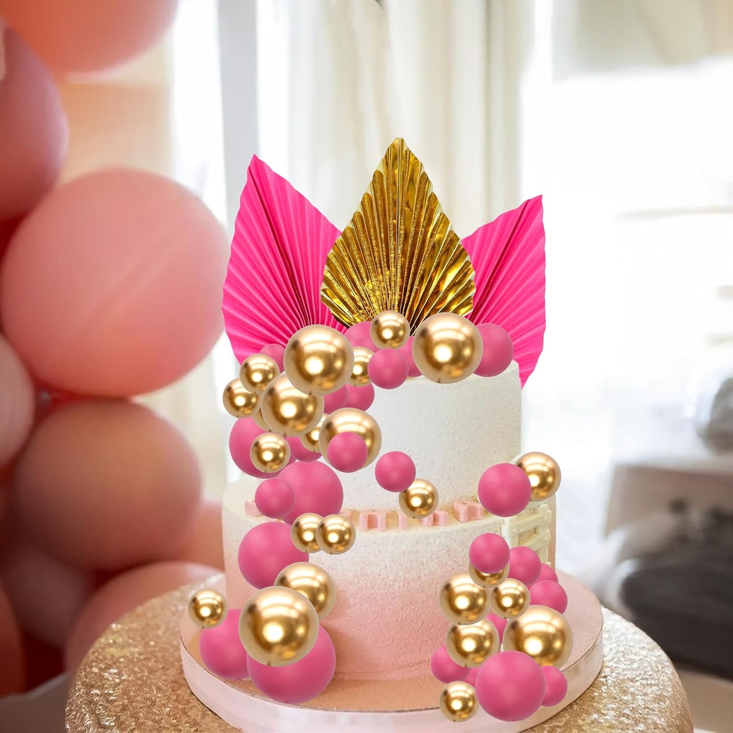 Ephlyn 28Pcs Paper Palm Fan Cake Topper Balls Cake Pick Decoration for Baby Shower Wedding Bridal Shower Birthday Anniversary Party DIY Cake Decorations Supplies Gold Rose Red