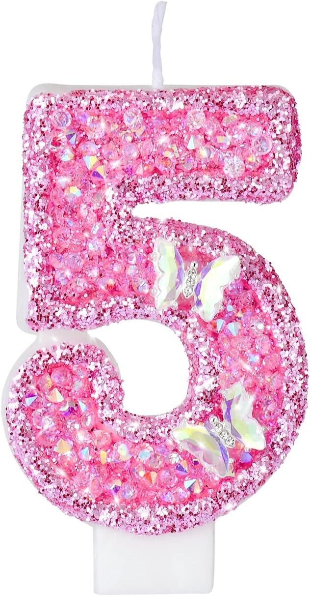 Birthday Candles, Number Candles for Birthday Cakes with Butterfly, Pink Birthday Candles Sparklers, 3.2" Cake Candles for Cake Topper Decoration, Party/Festival Celebration(Number 5)
