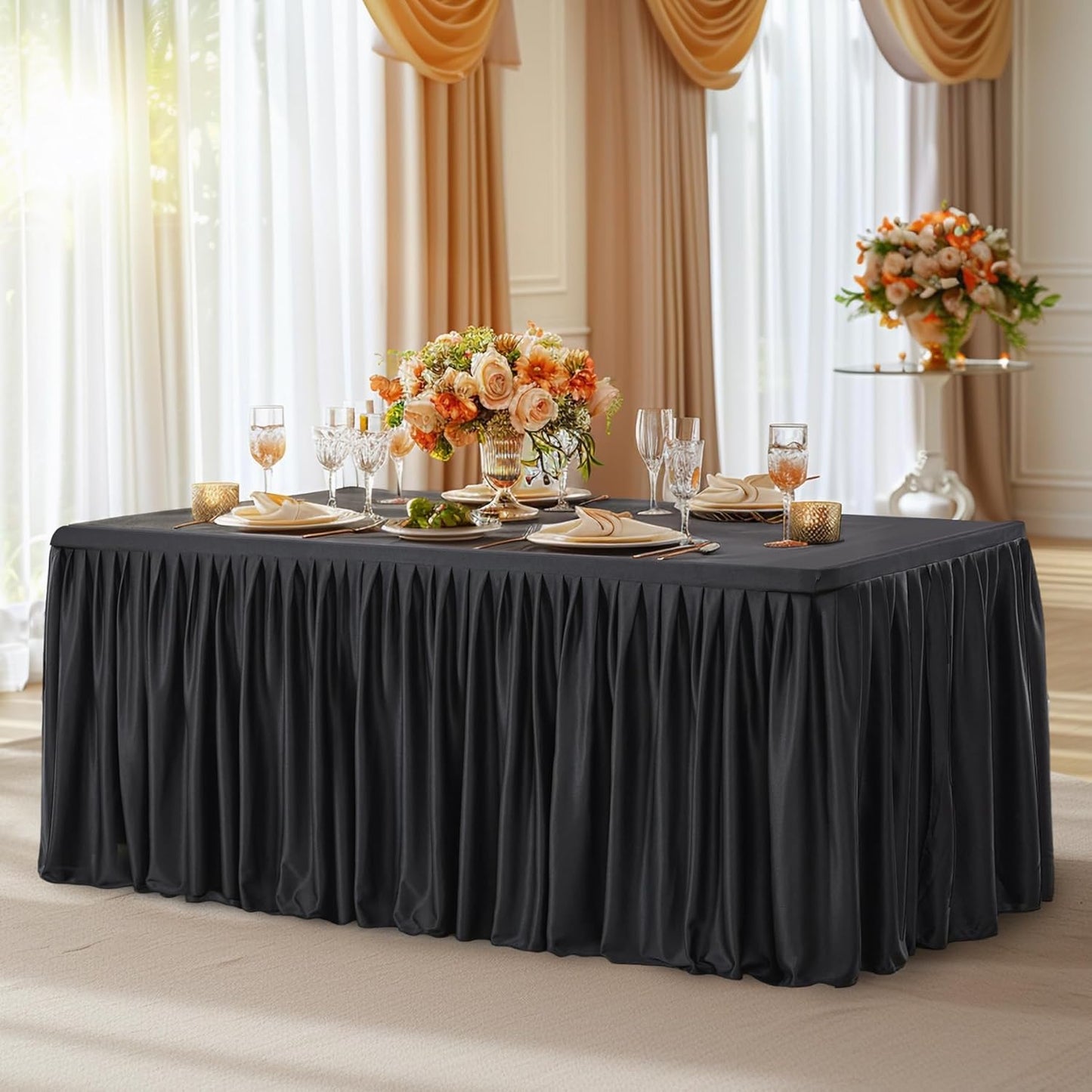 Black Polyester Table Clothes for 8 Foot Rectangle Tables, Wrinkle Free Fitted Table Cover 8ft Stretch Tablecloths with Skirt for Parties Weddings Birthday Banquet Baby Shower