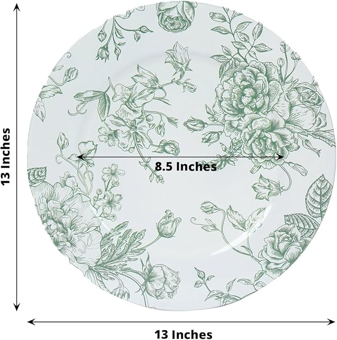 Efavormart 6 Pack Floral Acrylic Charger Plates in French Toile Pattern, White Sage Green Round Dinner Charger Event Tabletop Decor - 13"