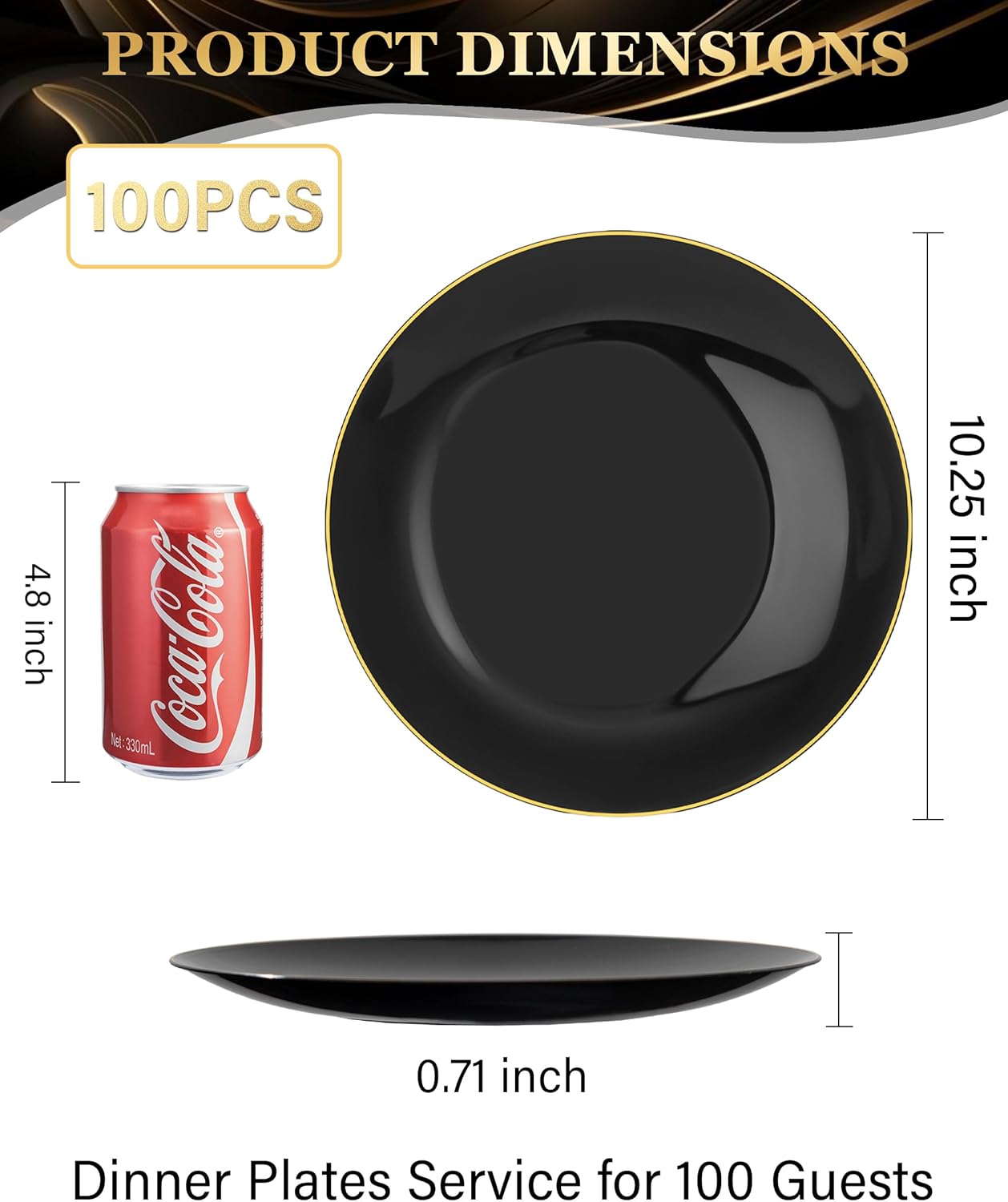 Nervure 100PCS Black and Gold Plastic Plates - 10.25 inch Black Disposable Plates - Gold Rim Dinner Plate - Black Dinner Plate Ideal for Wedding & Party & Halloween