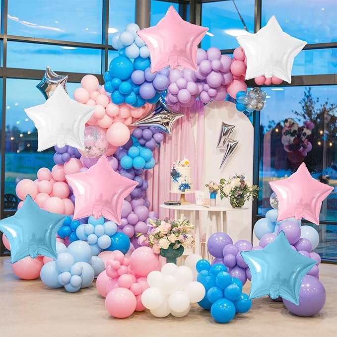 Pink Blue White Star Foil Balloons, 10PCS Foil Stars Shape Balloons, 18 Inch Metallic Light Pink Blue Stars Balloon Helium for Girls Boys Birthday, Gender Reveal, Baby Shower Party Decoration