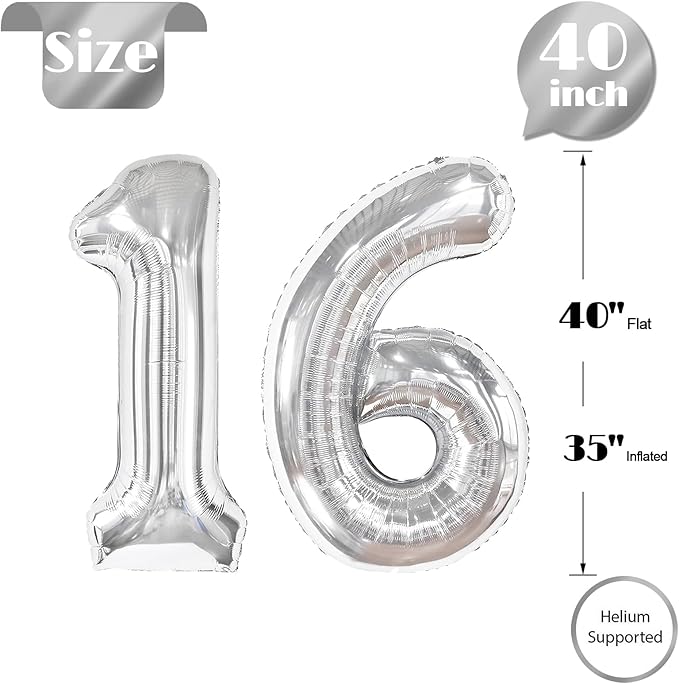 Silver Number 16 Balloon 40 inch, 16 Number Balloons, 16th Silver Birthday Decorations for Girls Boys Kids, 16 Year Old Silver Party Supplies