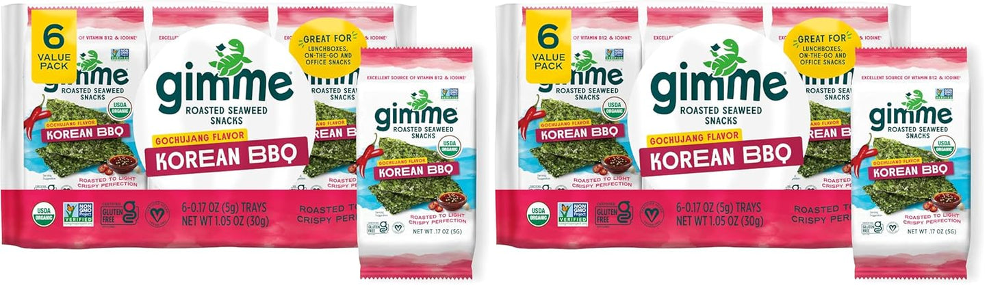 Gimme Seaweed Organic Premium Roasted Seaweed Snacks, Korean BBQ, 6 Count, Keto, Vegan, Gluten-Free, Great Source of Omega3s and Iodine, Healthy On-The-Go Snack for Kids and Adults (Pack of 2)