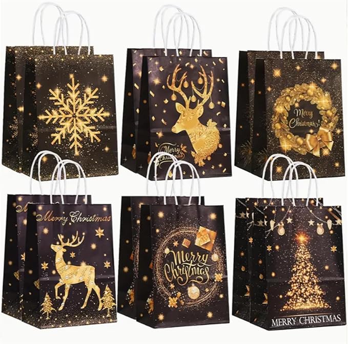 piqiya 24pcs Black Gold Christmas Gift bags with Handles,Christmas Party Favors Bags,Paper Xmas Elk Snowflake Candy Treat Bags,8.2×5.9×3.1inch(6 designs)
