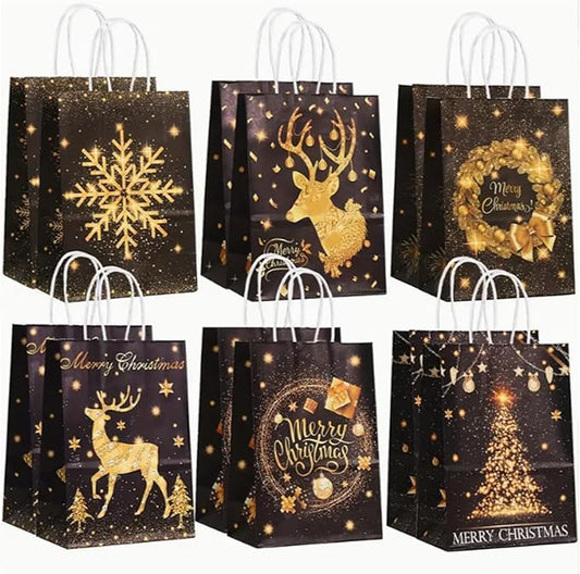 piqiya 24pcs Black Gold Christmas Gift bags with Handles,Christmas Party Favors Bags,Paper Xmas Elk Snowflake Candy Treat Bags,8.2×5.9×3.1inch(6 designs)