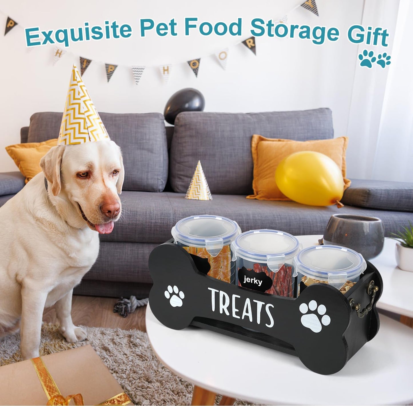 WGFKVAS Dog Treat Storage Containers, 3 Jar Countertop Organizer with Airtight Lids, Black Wooden Pet Food Dispenser for Dogs & Puppies, Perfect Food Storage Solution and Gift for Dog Owners
