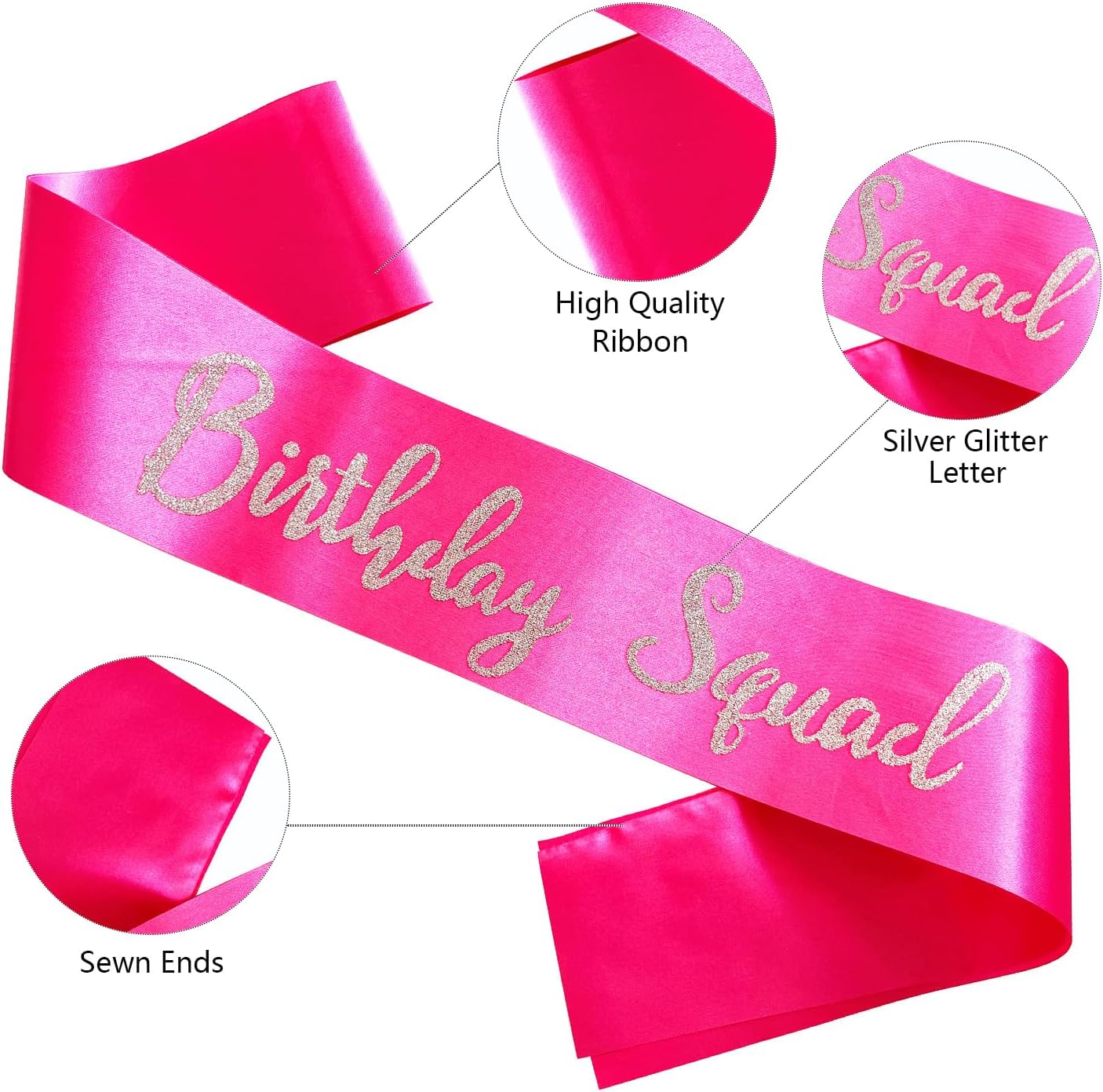 Birthday Squad Sash, 6 Pieces Hot Pink with Silver Glitter Letter Birthday Gift Sashes Set for Women Funny Party Favors Decorations for 16th 18th 21st 25th 30th 40th 50th or Other Bday