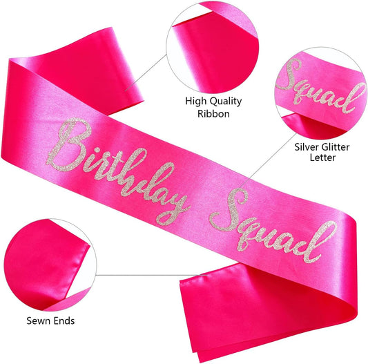 Birthday Squad Sash, 6 Pieces Hot Pink with Silver Glitter Letter Birthday Gift Sashes Set for Women Funny Party Favors Decorations for 16th 18th 21st 25th 30th 40th 50th or Other Bday