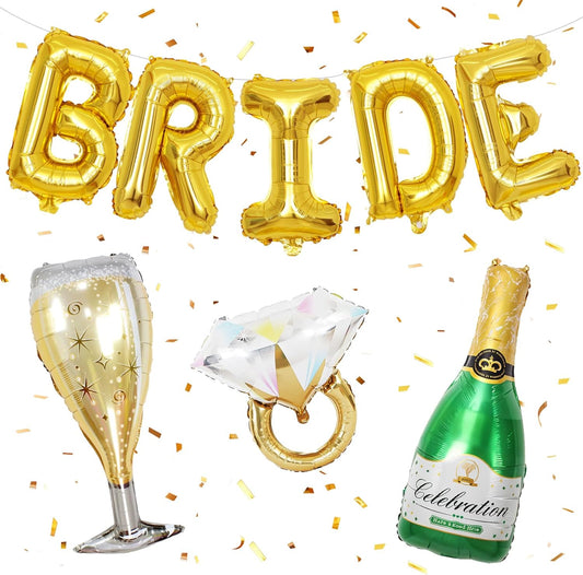 40inch Bride Balloons Gold Letters Banner, Bachelorette Party Decorations Set with Diamond Ring Champagne Bottle Balloon Glass Foil Balloon for Gold Bachelorette Engagement Wedding Bridal Shower Decor