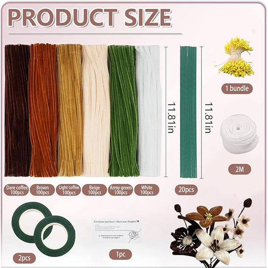 620 Pieces Pipe Cleaners Craft Set, 600 Pcs Brown Chenille Stems with 20 Pcs Flower Stems, Craft Supplies Bulk for DIY Art and Craft Projects Creative Gift Wrapping Party Decorations(Brown Series)