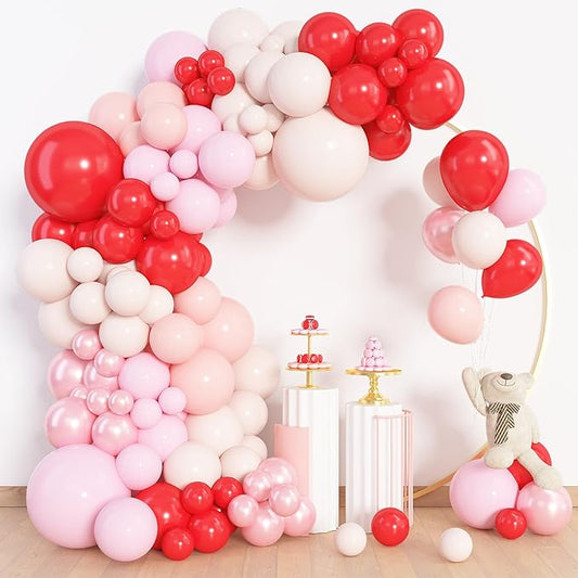 Amandir 153pcs Red and Pink Balloons Arch Garland Kit, Different Sizes 18 12 10 5 inch Strawberry Cherry Pastel Pearl Light Pink Balloon Sweet One Shower Berry First Birthday Summer Party Decorations