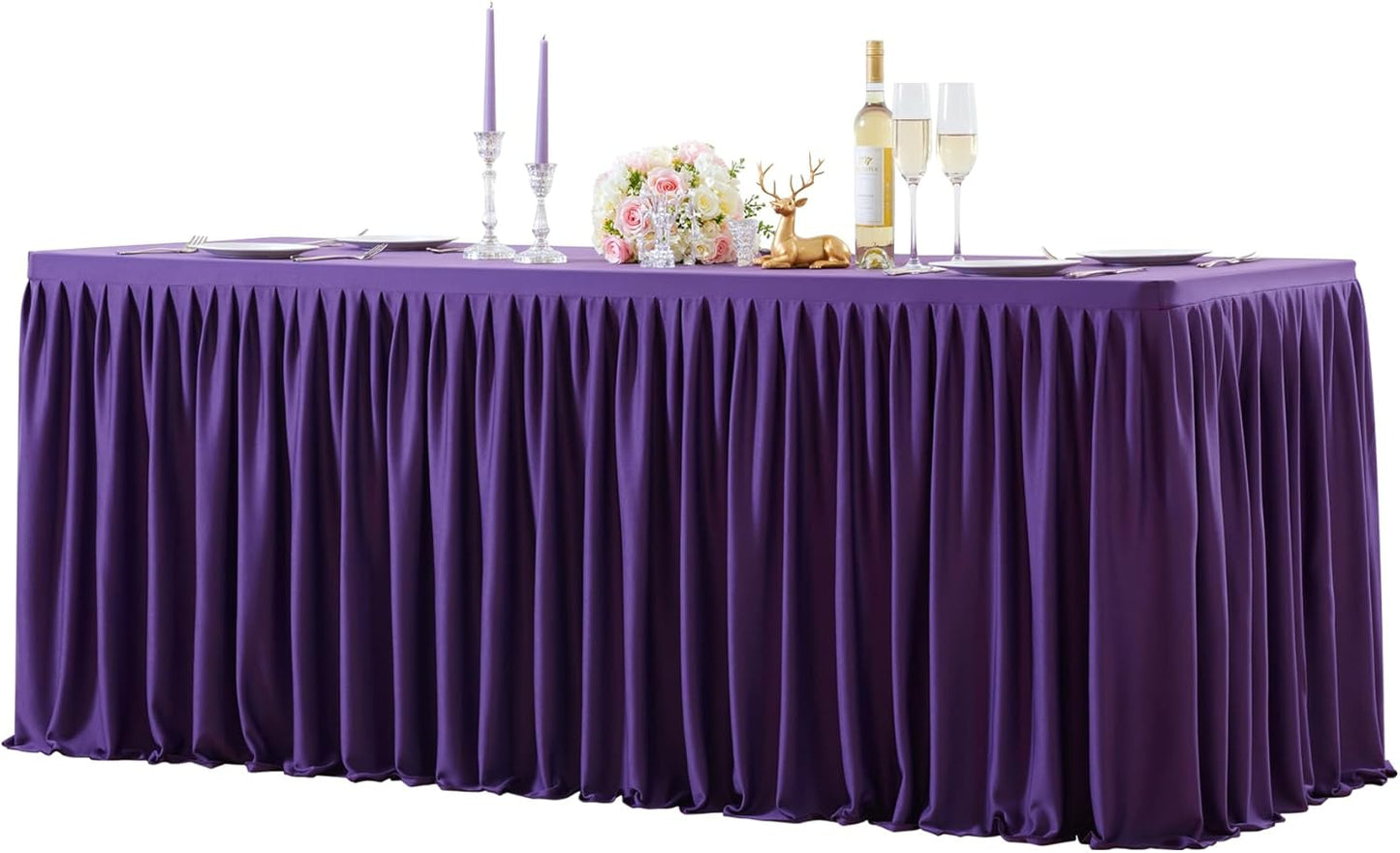 Dark Purple Polyester Table Clothes for 4 Foot Rectangle Tables, Wrinkle Free Fitted Table Cover with Pleated Ruffle Table Skirt for Birthday Party Wedding Trade Show Event Display
