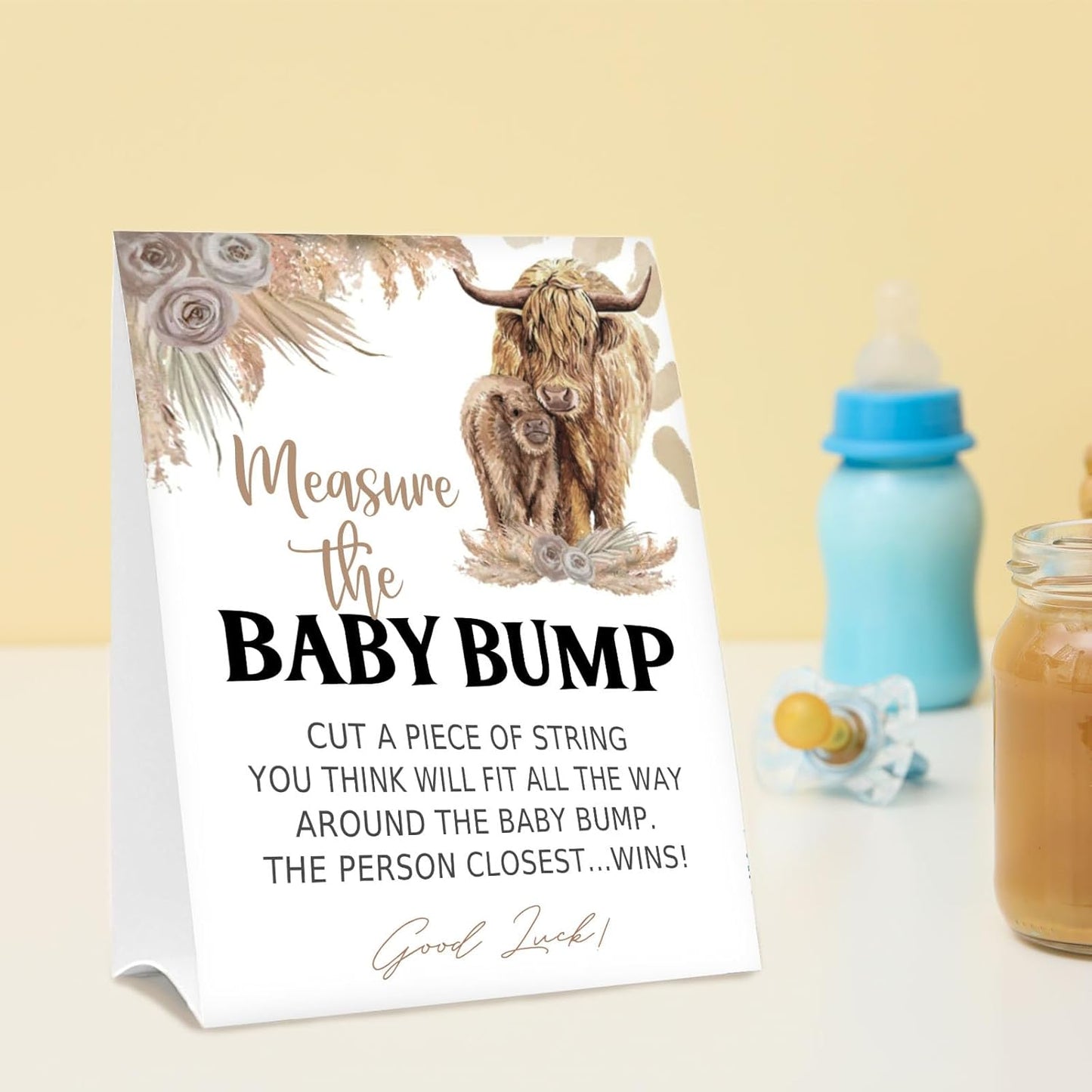 Baby Shower Games Measure the Baby Bump Sign, How Big is Mommy's Belly Party Favors Supplies, 5x7 Inch Kraft Standing Sign and 50 Guessing Cards, Holy Cow, Boho Highland Cow
