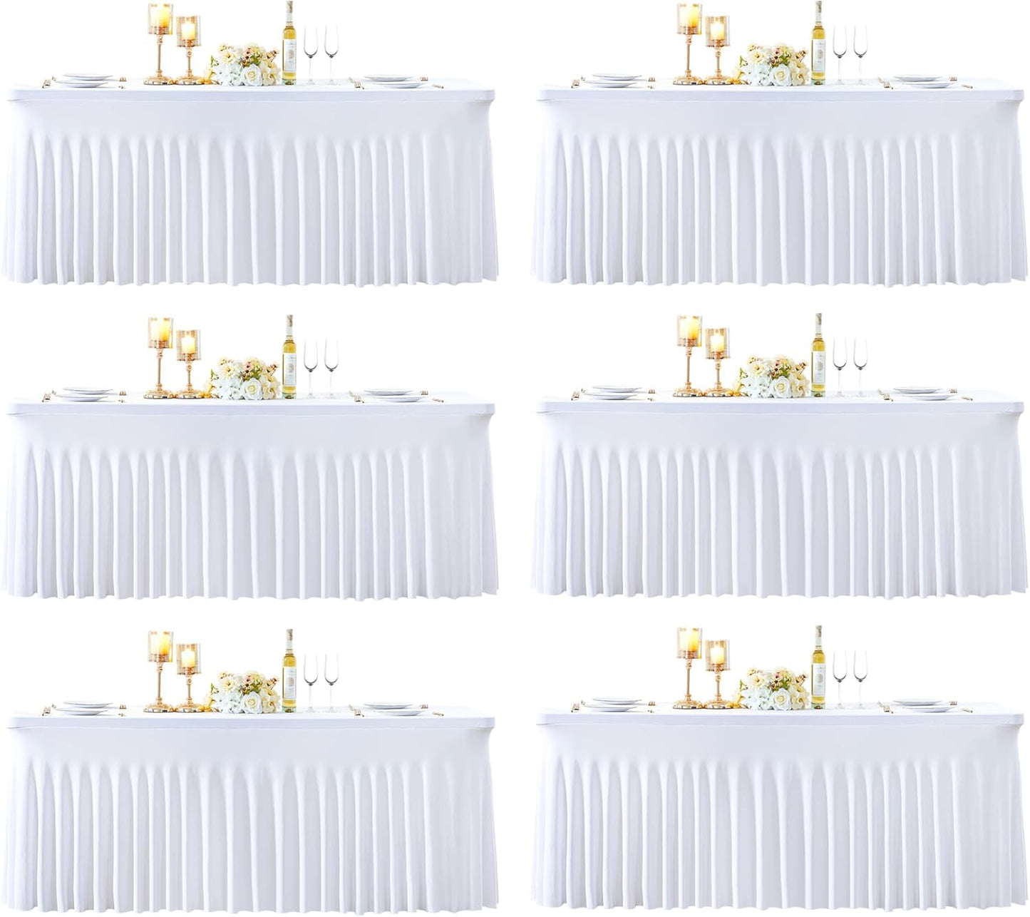 6 Pack 8ft White Spandex Tablecloths for Rectangle Tables Wrinkle Free White Rectangle Table Cloth, Stretch Fitted Table Cover with Skirt for Wedding Birthday Party Banquet Baby Shower Buffet Event