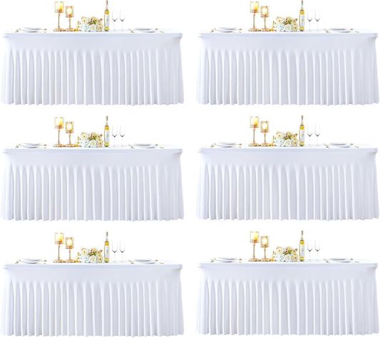 6 Pack 8ft White Spandex Tablecloths for Rectangle Tables Wrinkle Free White Rectangle Table Cloth, Stretch Fitted Table Cover with Skirt for Wedding Birthday Party Banquet Baby Shower Buffet Event