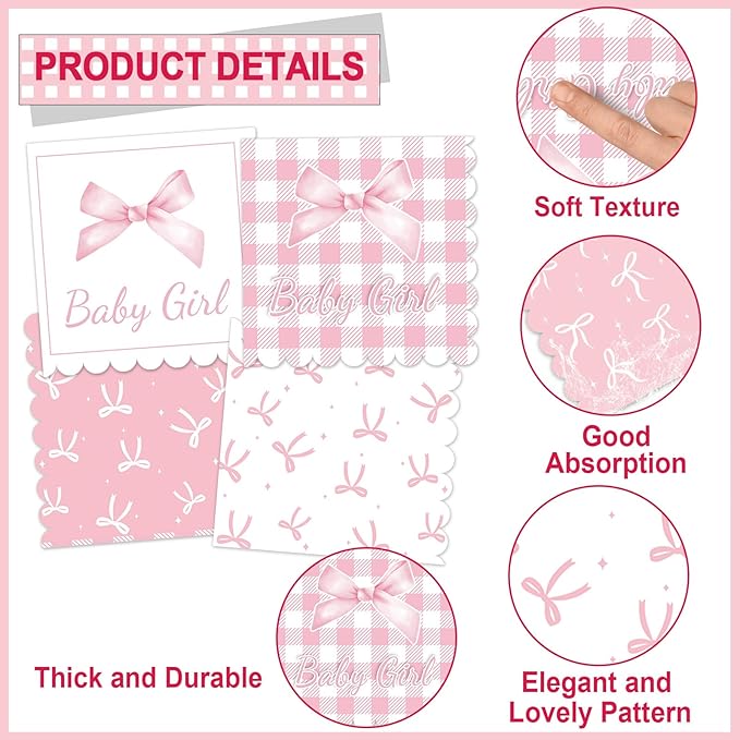 96Pcs Pink Bow Baby Shower Party Supplies Girl Bow Paper Plates Napkins Coquette Baby Girl Shower Party Decorations Dinnerware Favor Girls Bowknot Coquette Decor Dinnerware Favor Tableware Serves 24