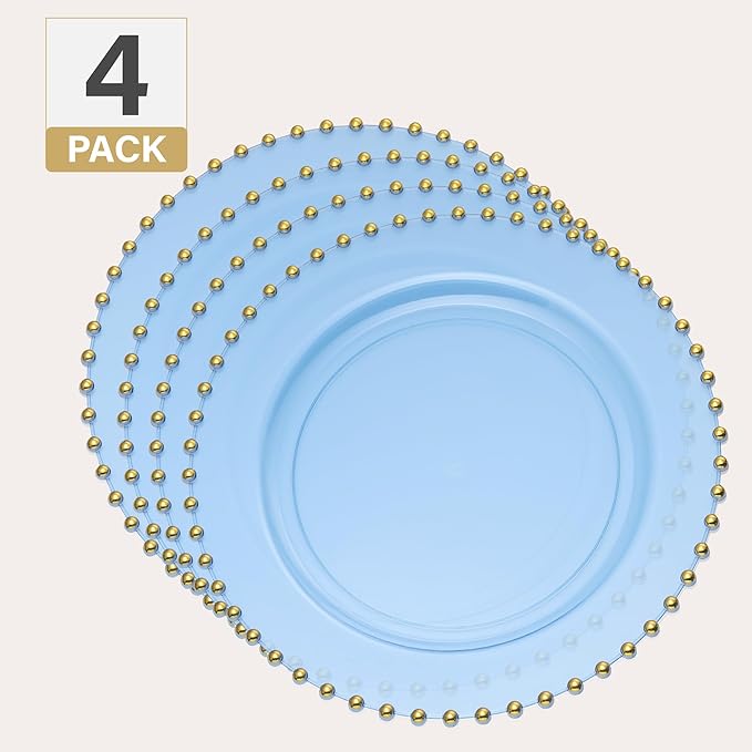 PLASTICPRO Translucent Blue with Gold Rim Plastic Charger Plates with Beaded Edge – Pack of 4 – 13" Elegant Round Disposable Chargers for Weddings, Events, Parties, and Dinners