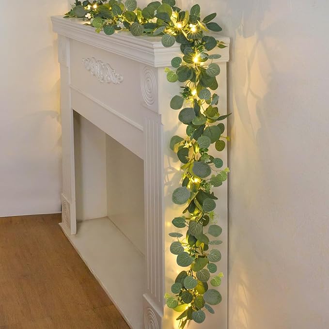 N&T NIETING 6 Pack Artificial Eucalyptus Garland with Lights, 6FT Artificial Greenery Garlands, Battery Operated Twig Vine for Room Stairs Mantle Wedding Holiday Easter Decoration Indoor Outdoor