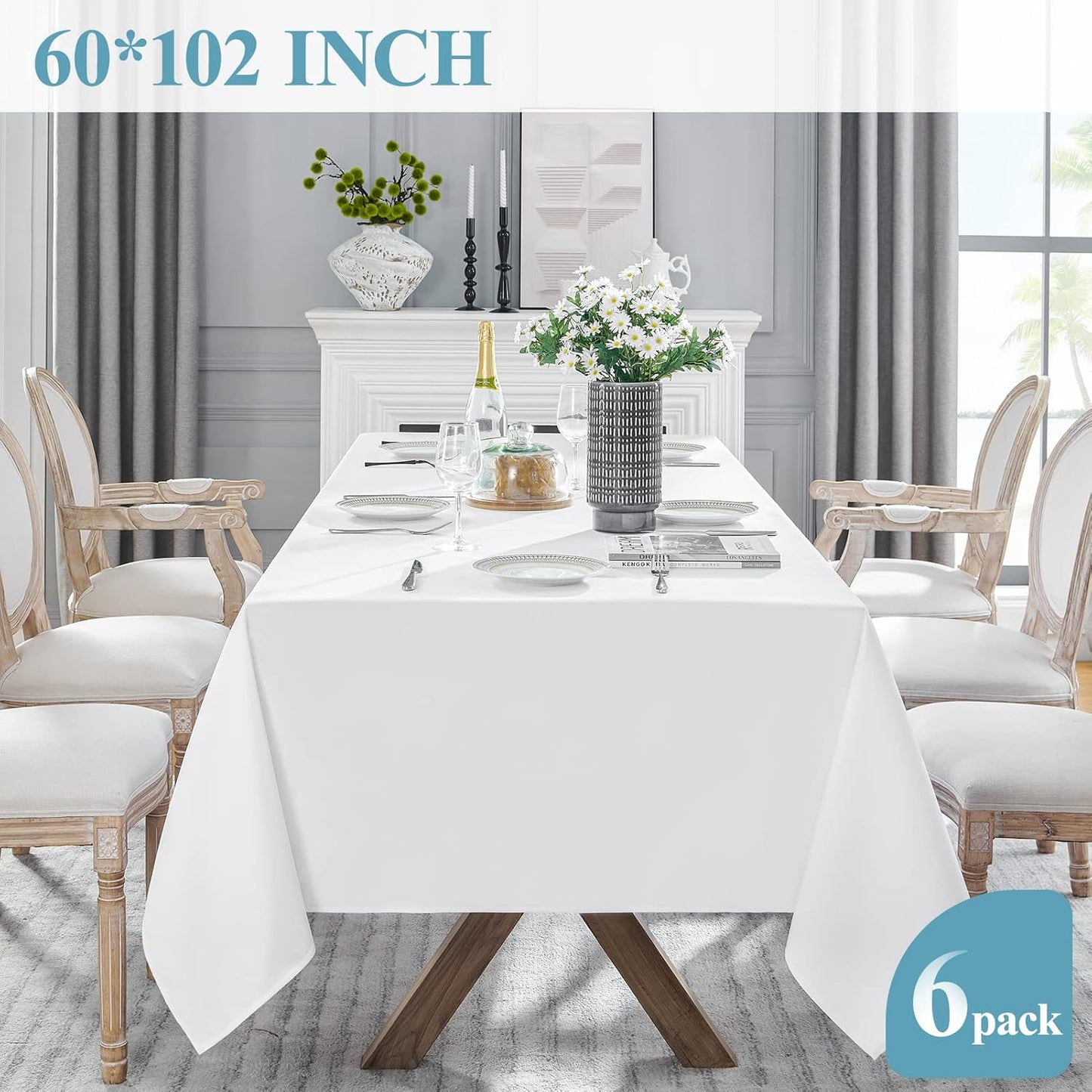 VidaFete Tablecloth 60 * 102inch 6 Pack Rectangle Table Cloth Polyester, Stain Wrinkle Resistant Dining Table Cover for Kitchen Dinning Party Wedding Rectangular Tabletop Buffet Decoration(White)