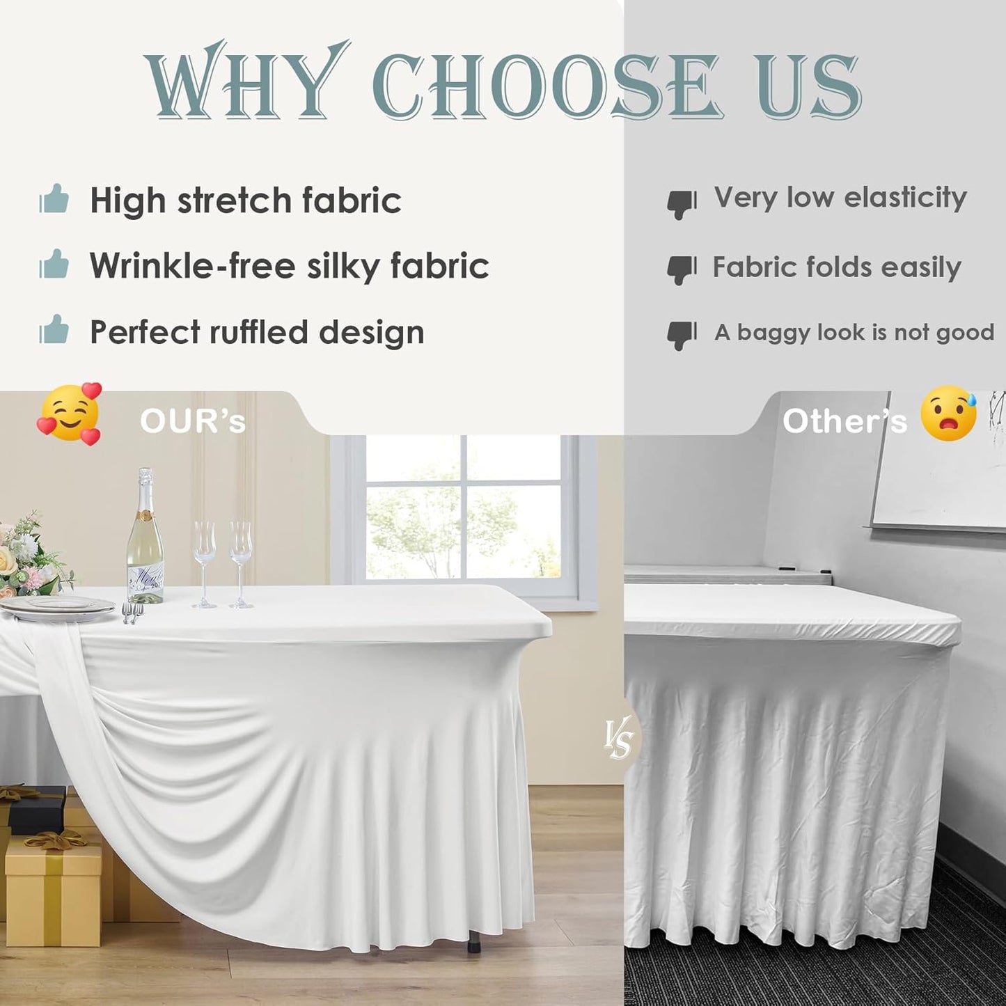 6pack Ivory Spandex Tablecloths 8ft for Rectangle Tables, Wrinkle Free Classy Table Skirt Stretchy 8 Foot Fitted Table Cloths Covers for Weddings Birthday Party Events Banquette Baby Shower