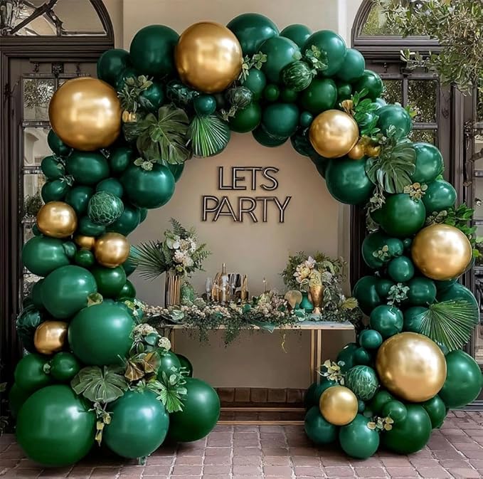 Emerald Green Gold Balloons Garland Double Stuffed Dark Green Gold Balloons Hunter Forest Metallic Arch Kit for Birthday Baby Shower Jungle Graduation Party Decorations