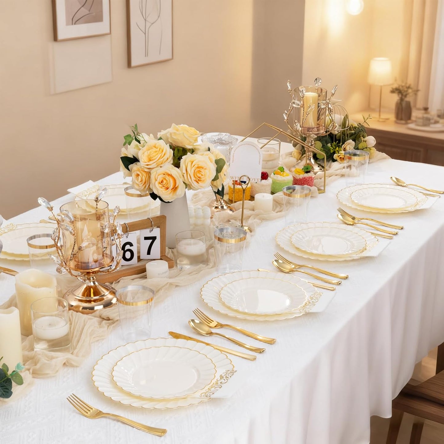 YOUBET 60PCS Ivory Scalloped Plastic Plates - Hard Craem and Gold Fancy Disposable Plates include 30 Gold Dinner Plate, 30 Dessert Plate for Party & Wedding & Thanksgiving