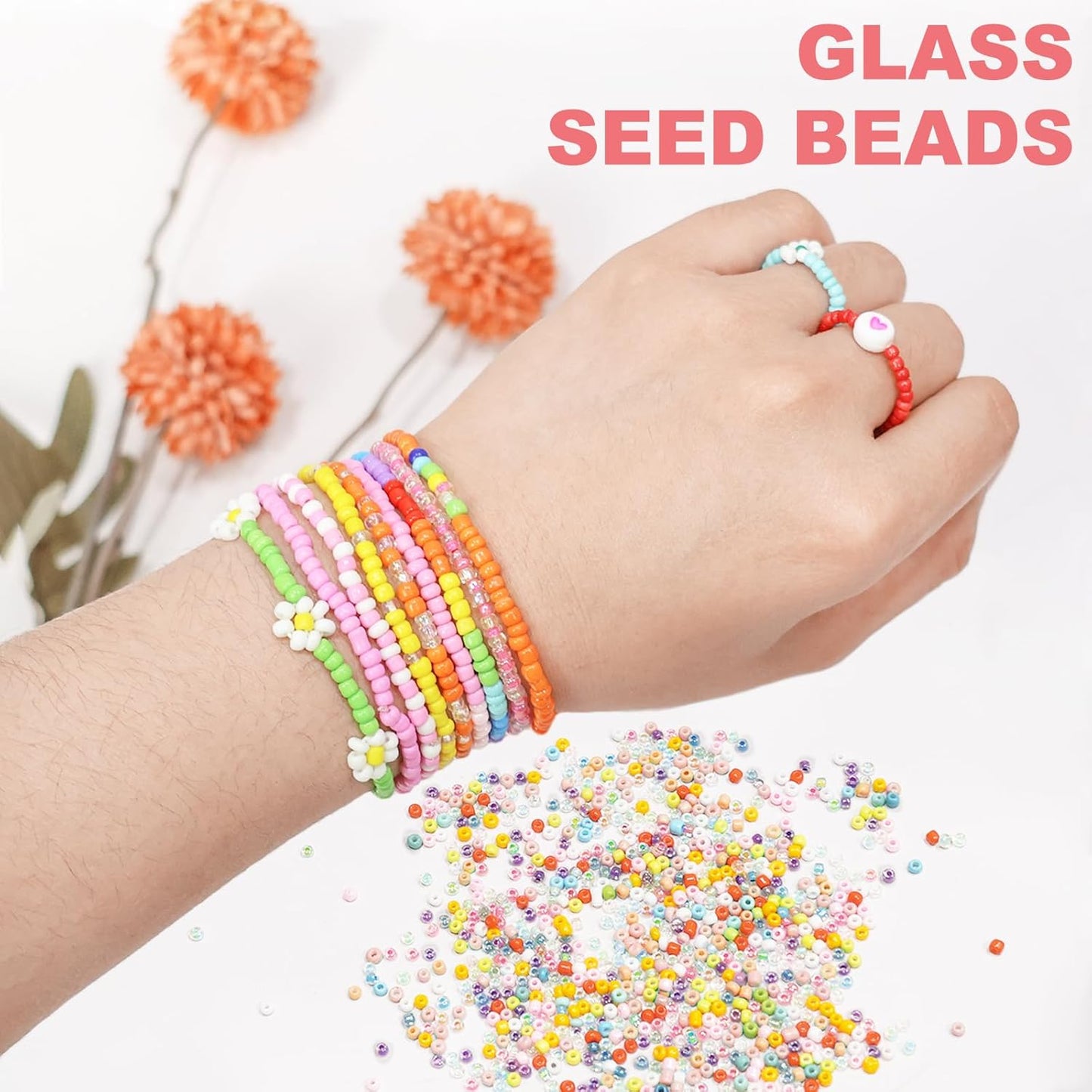 Redtwo 8000pcs 3mm Glass Seed Beads for Bracelet Making Kit, Small Beads Friendship Jewelry Making Kit, Letter Beads with Elastic String, DIY Art Craft Girls Gifts.
