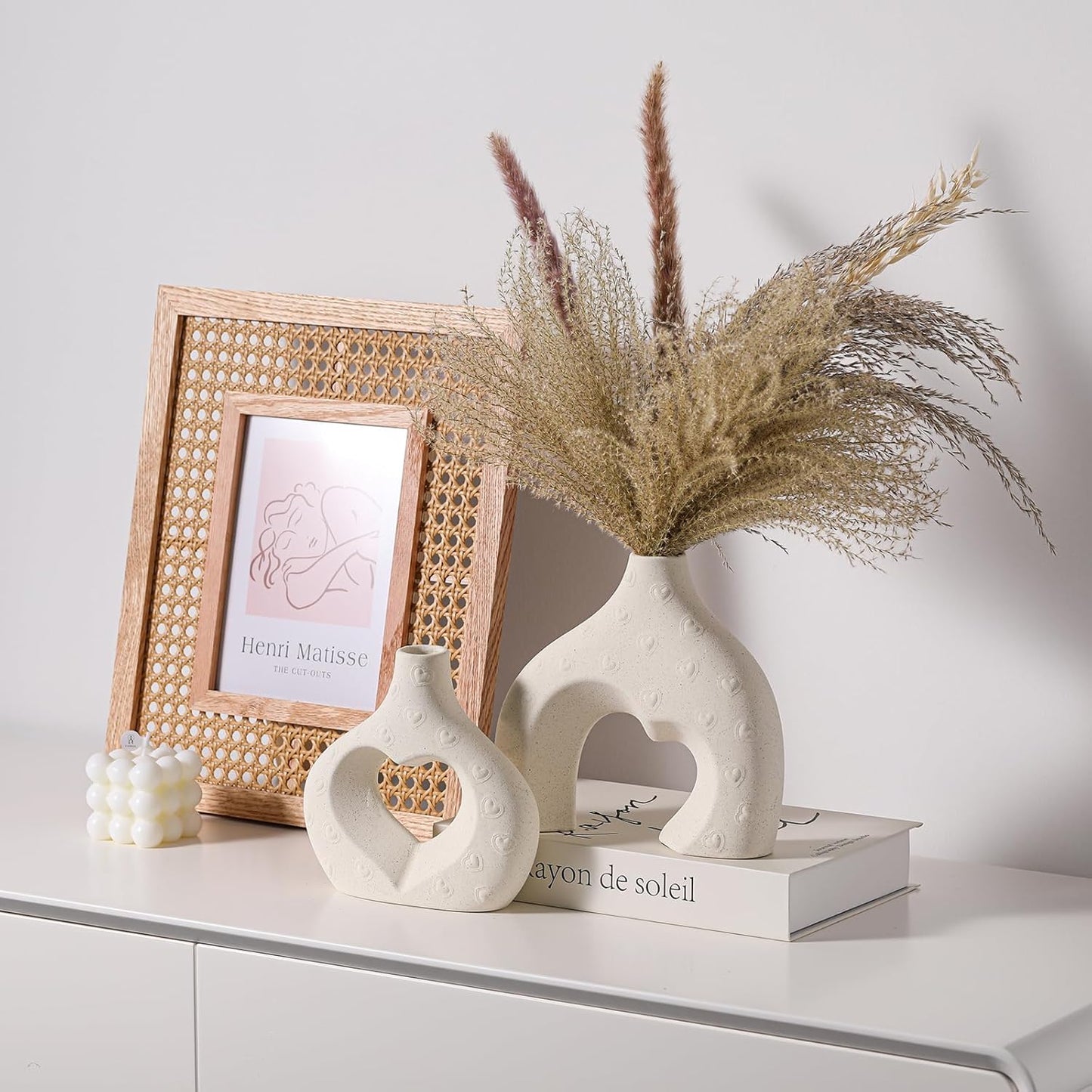 White Ceramic Vases Set of 2, Modern Boho Minimalist Decorative Flower Vase for Living Room, Bedroom, Coffee Table, Office, Centerpiece Gift for Women & Moms