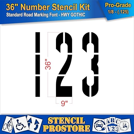 Pavement Stencils - 36 inch Number KIT Stencil Set - (12 Piece) - 36" x 9"x 1/8" (128 mil) - Pro-Grade