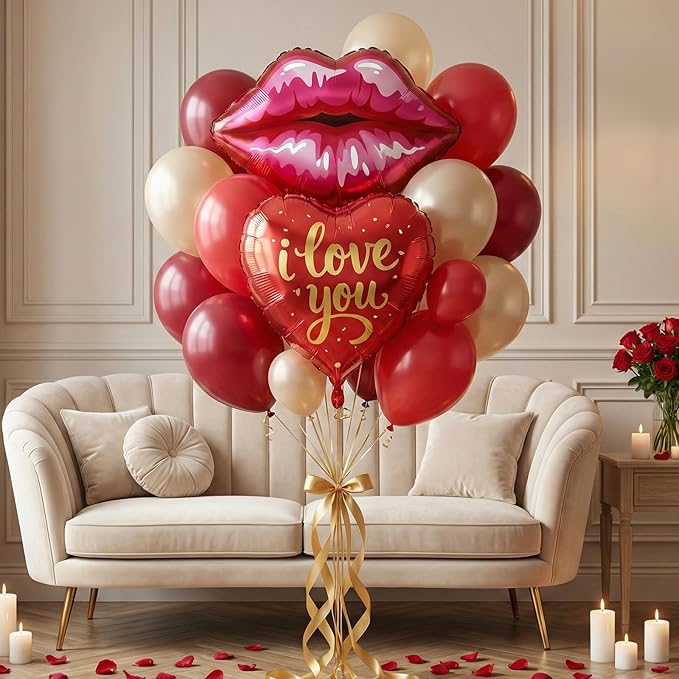 Valentines Day Party Decorations, Balloon Boxes with Letters/Backdrop/I Love You & Lip Foil Balloon/Long Balloons/Red and Rose Gold Balloons, Galentines Wedding Engagement Anniversary Decor