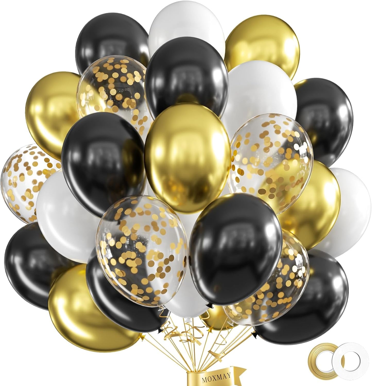 62Pcs12Inch Black White Metallic Gold Balloons Arch Kit, Matte Black White Gold Confetti Party Balloons with Ribbons for Birthday, Wedding, Baby Shower, Graduation, Eucalyptus Party Decorations