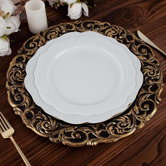 Efavormart Set of 6 Black/Gold 14" Round Plastic Charger Plates With Engraved Baroque Design Rim For Wedding Party Events