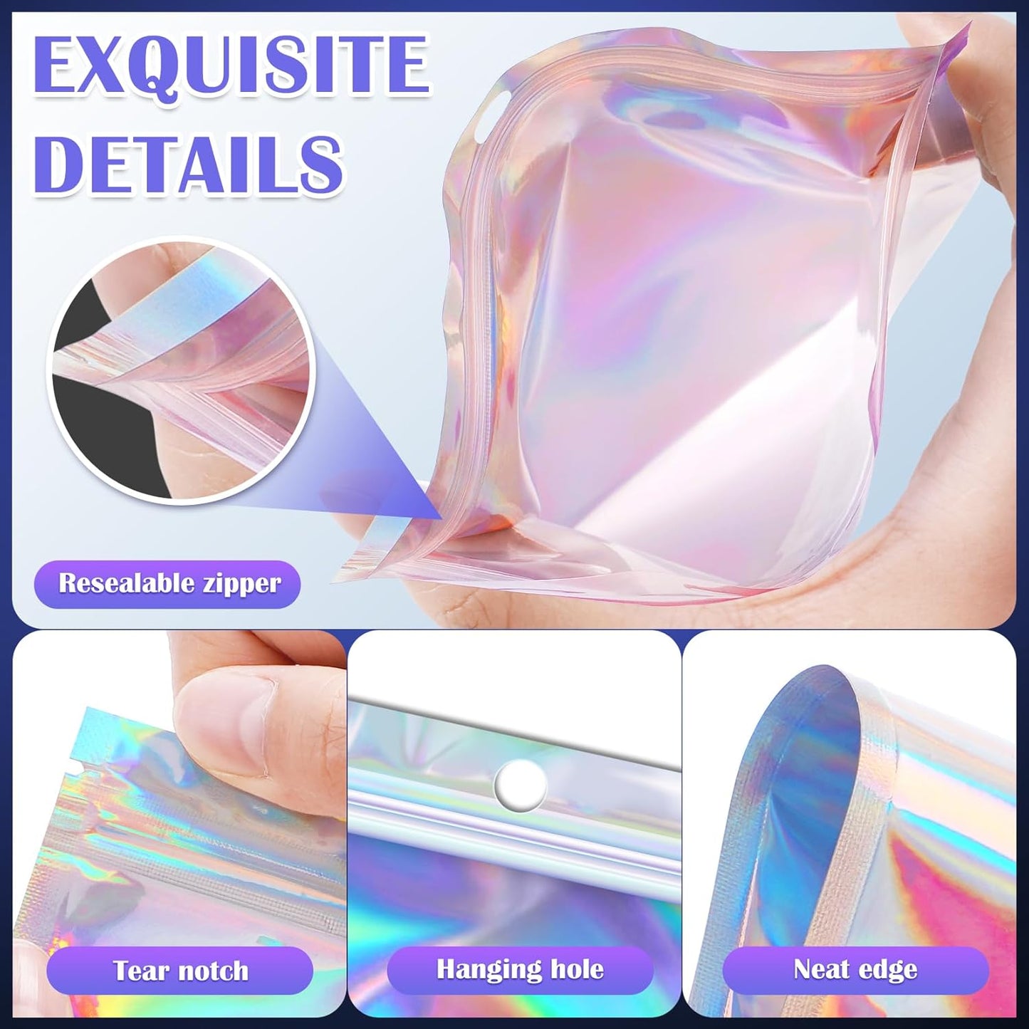 100 Pcs Smell Proof Bag, Zip Lock Mylar Bags with Clear Window, Resealable Holographic Bag for Gift, Jewelry, Snack, Candy, Treat, Small Business Packaging Bags, Small Goody Baggies (4x6in)