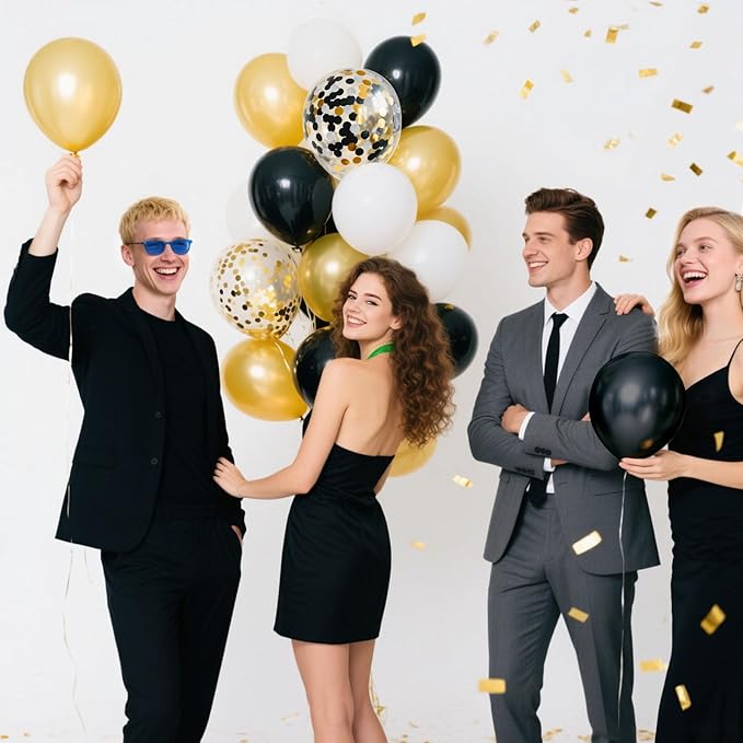 Black Gold Confetti Balloons, 12 Inch Black and Gold Balloons with Ribbons Party Decorations for Graduation Birthday Wedding Prom Engagement New Years Bridal Shower Bachelorette Cocktail Party