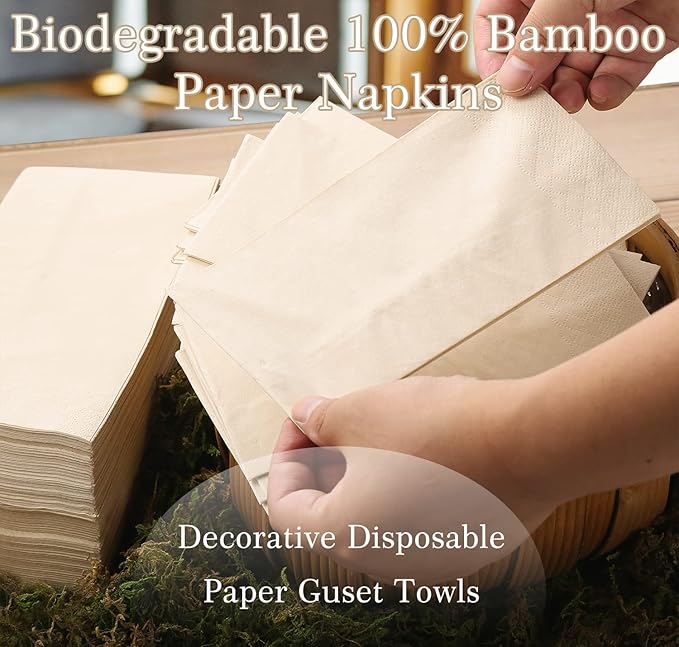 MORGIANA 200-Pack Disposable Paper Napkins, 2-Ply Bamboo Paper Towels Unbleached Disposable Hand Towels for Bathroom & Kitchen