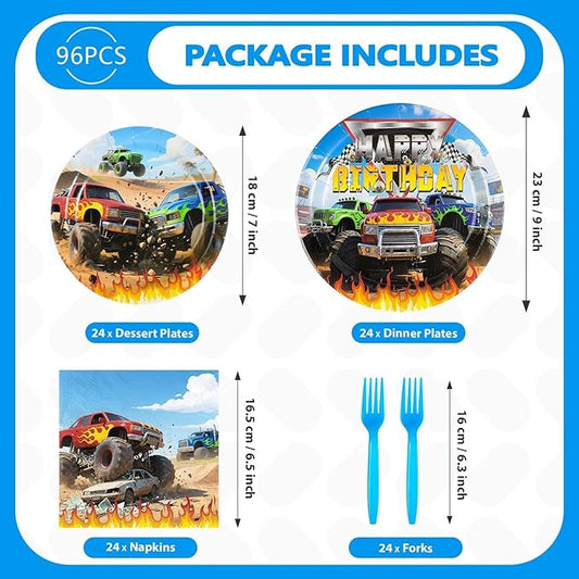 Grencian 96Pcs Monster Themed Truck Birthday Party Decorations Monster Themed Truck Plates and Napkins Forks Tableware for Kids Boys Car Birthday Party Decorations Serves 24