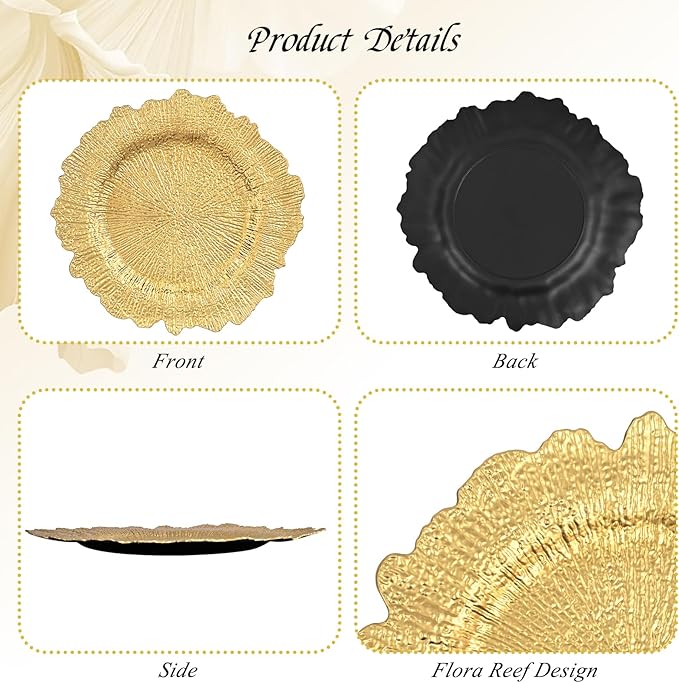50 Pack Gold Charger Plates Bulk, 13" Plastic Reef Chargers for Dinner Plates, Round Charger Plate with Floral Reef Design for Dinner Wedding Party Table Setting Decoration