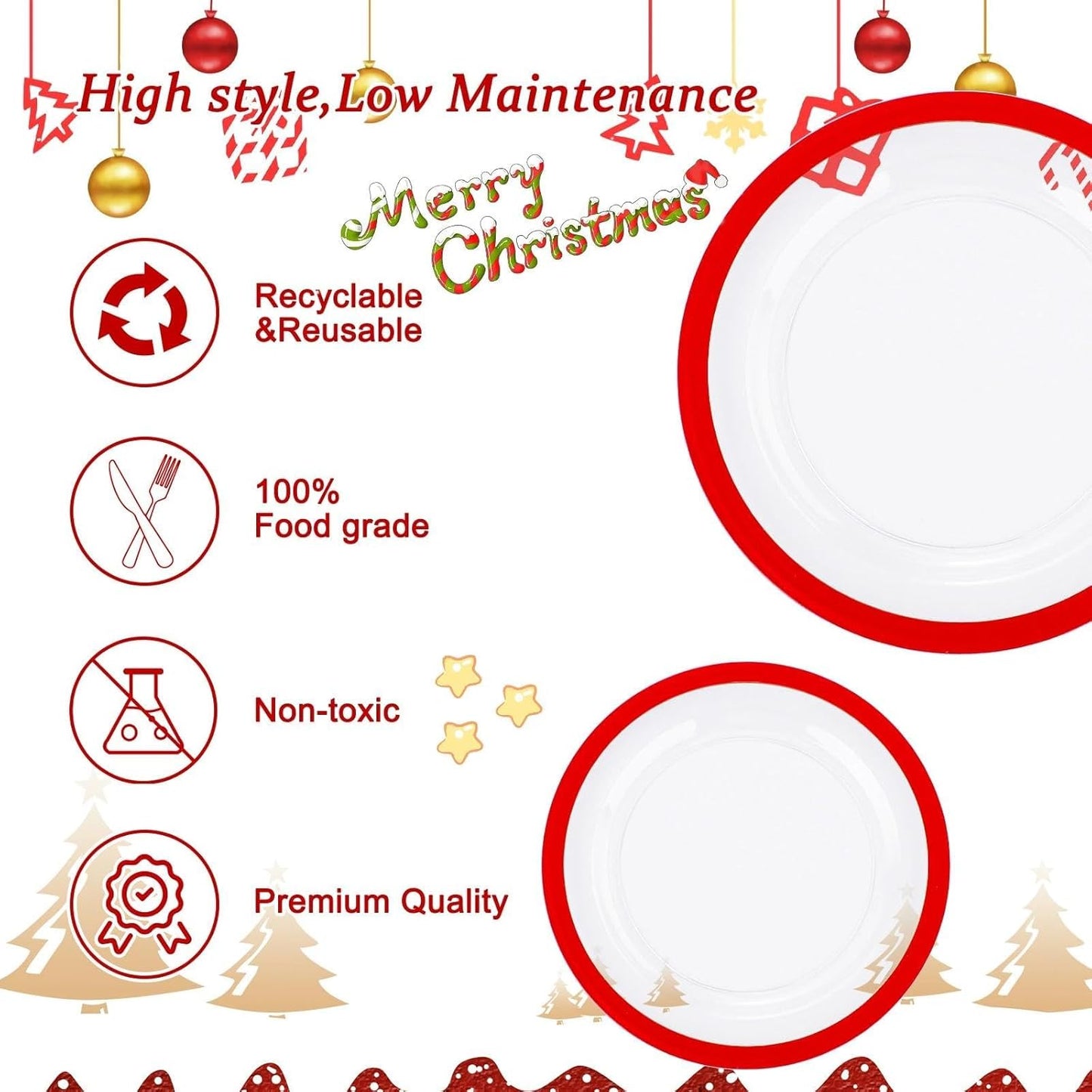 U-QE 200PCS Red Plastic Plates - Clear Red Plastic Plates Disposable Heavy Duty - Include 100 10" Dinner and 100 7" Dessert Platos for Party
