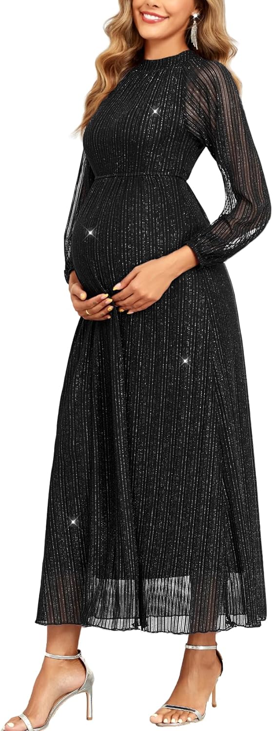 Maternity Sparkly Mesh Dress Halter Neck Sleeveless A Line Pregnancy Dresses Semi Formal Baby Shower Photoshoot