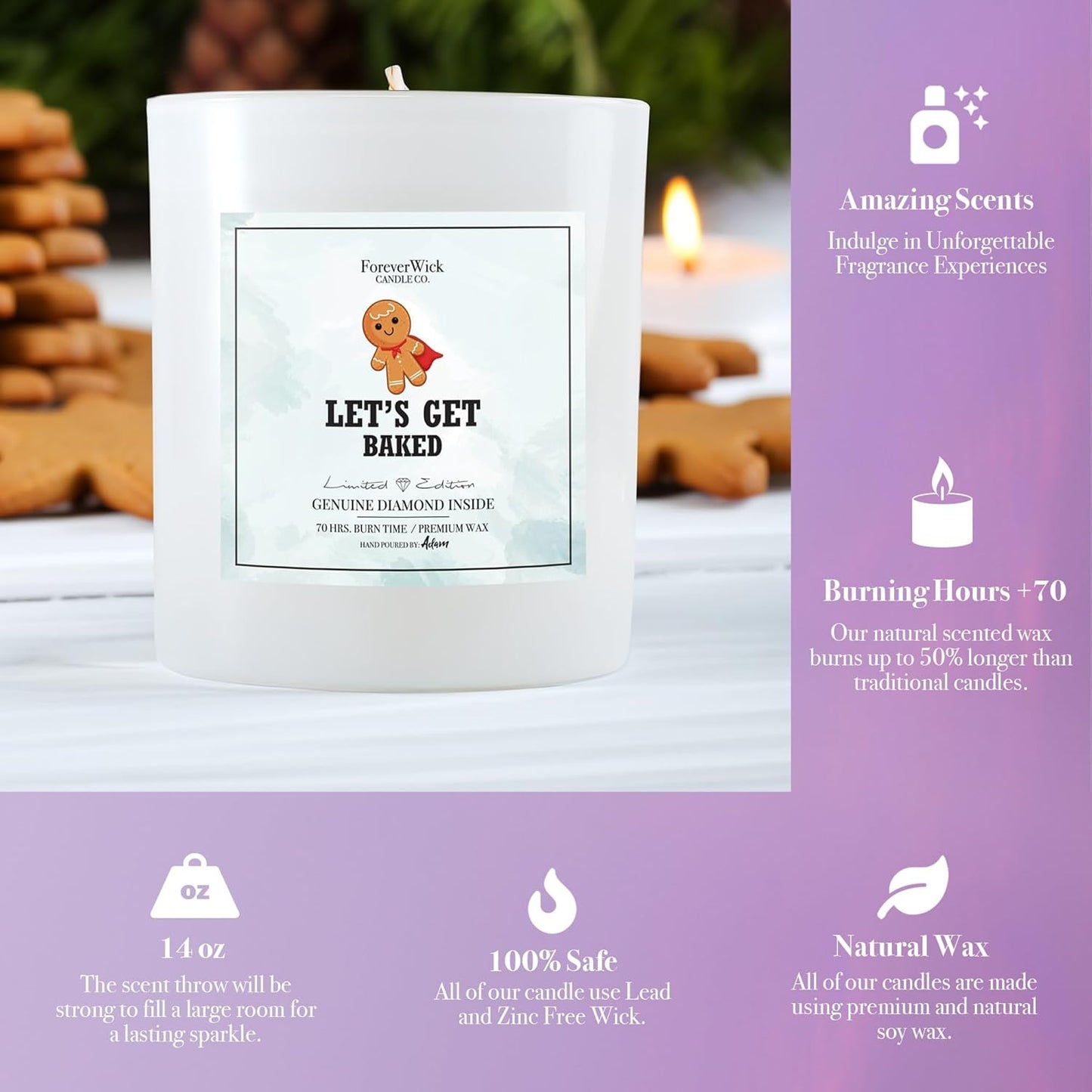 Let’s Get Baked Gingerbread Cookie Surprise Candle with Real GIA Diamond Inside | Foreverwick Candles | Scented Soy Candles Gifts for Women Aromatherapy Candle | All-Natural Soy Candle 14oz | 70h
